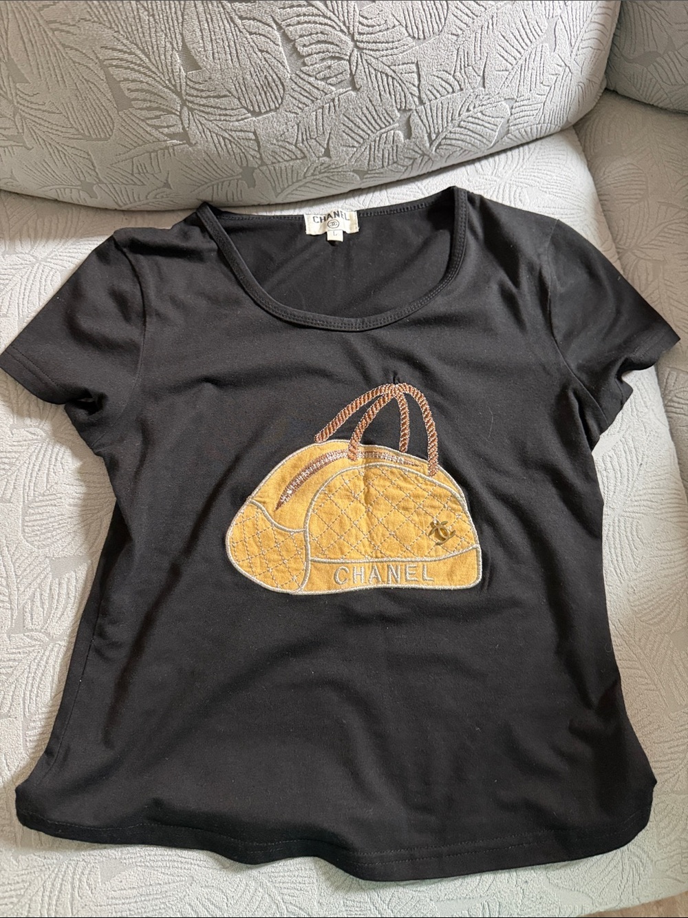 CHANEL Black Tee with Yellow Bag Motif